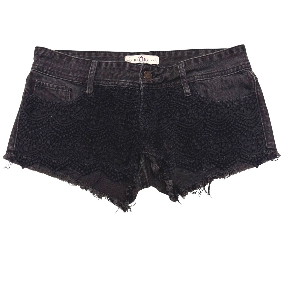 Hollister Black Denim Lace Overlay Cut Off Micro Shorts Low Rise Size 3 W26 Boho